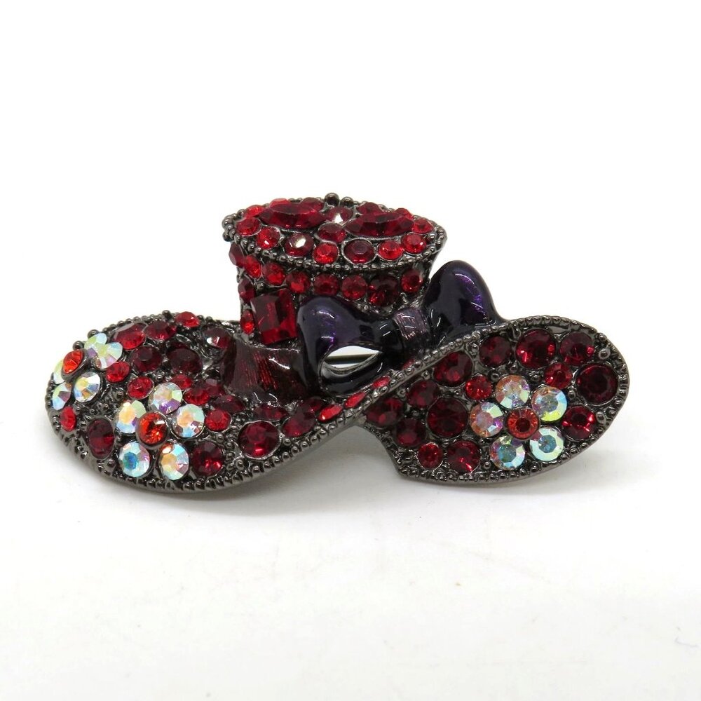 Red Rhinestone Hat Brooch Purple Enamel‎ Bow Clear Flowers 2" Pin Gunmetal Gray